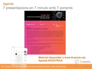 Agenda
  7 presentacions en 7 minuts amb 7 ponents




                                     Material disponible a www.tica...