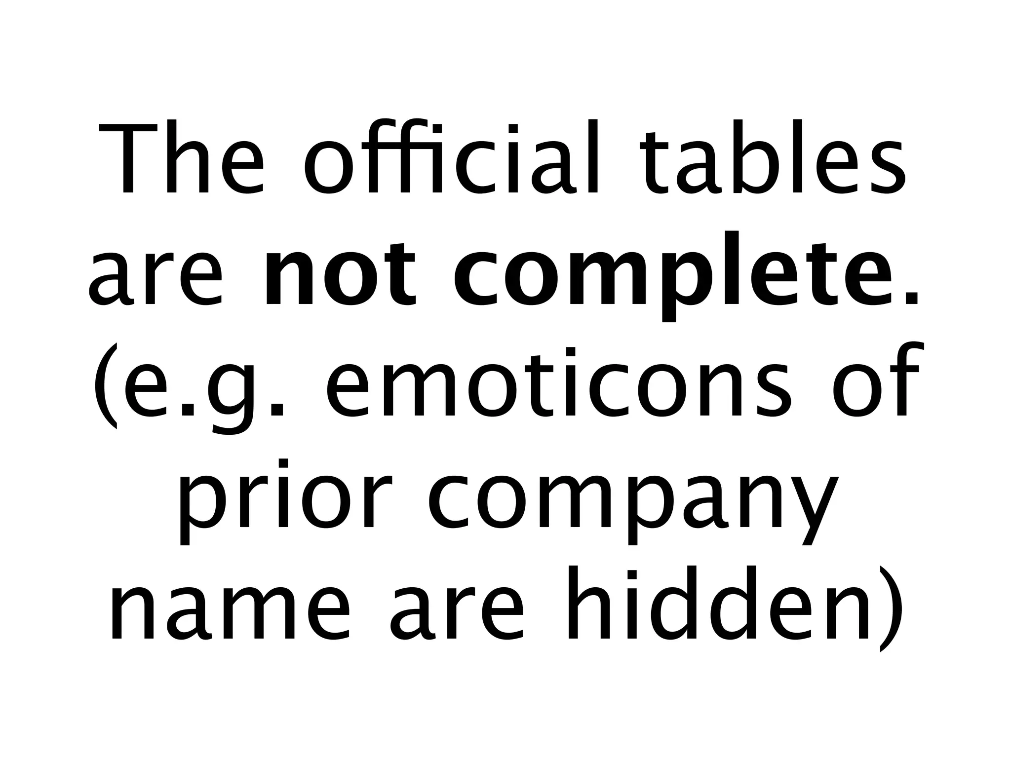 The official tables
are not complete.
(e.g. emoticons of
  prior company
name are hidden)
 