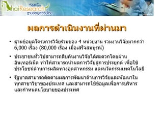 ผลการดําเนินงานที่ผานมา
●
    ฐานขอมูลโครงการวิจัยรวมของ 4 หนวยงาน รวมงานวิจัยมากกวา
    6,000 เรื่อง (80,000 เรื่อง เมื่อเสร็จสมบูรณ)
●
    ประชาชนทั่วไปสามารถสืบคนงานวิจัยไดสะดวกโดยผาน
    อินเทอรเน็ต ทําใหสามารถนําผลการวิจัยสูการประยุกต เพื่อใช
    ประโยชนดานการผลิตทางอุตสาหกรรม และนวัตกรรมเทคโนโลยี
●
    รัฐบาลสามารถติดตามผลการพัฒนาดานการวิจัยและพัฒนาใน
    ทุกสาขาวิชาของประเทศ และสามารถใชขอมูลเพื่อการบริหาร
    และกําหนดนโยบายของประเทศ
 