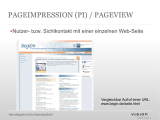 PAGEIMPRESSION (PI) / PAGEVIEW

 ▪Nutzer- bzw. Sichtkontakt mit einer einzelnen Web-Seite




                                            Vergleichbar Aufruf einer URL:
                                            www.begin.de/seite.html

Wie erfolgreich ist Ihr Internetauftritt?
 