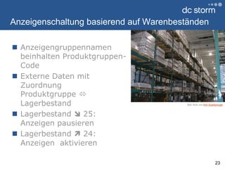 Anzeigenschaltung basierend auf WarenbeständenAnzeigengruppennamen beinhalten Produktgruppen-CodeExterne Daten mit Zuordnung Produktgruppe  LagerbestandLagerbestand  25: Anzeigen pausierenLagerbestand  24:Anzeigen  aktivieren23Bild: flickr von Kim Scarborough