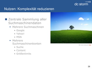 Nutzen: Komplexität reduzierenZentrale Sammlung aller SuchmaschinendatenMehrere SuchmaschinenGoogleYahoo!MSNMehrere SuchmaschinenkontenSucheContentGrößenlimits29Bild: stock.xchng von Ydiot