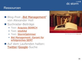 RessourcenBlog-Post „Bid Management“ von Alexander HollSuchradar-BeiträgeTest: Acquisio SEARCHTest: intelliAdTest: StormOptimiserBid Management: Garant für erfolgreiches SEM?Auf dem Laufenden halten: Twitter/Google-Suche33Bild: WikimediaCommonsOziasLeduc