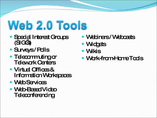 Special Interest Groups (SIG’s) Surveys / Polls Telecommuting or Telework Centers Virtual Offices & Information Workspaces Web Services Web-Based Video Teleconferencing Webinars / Webcasts Widgets Wikis Work-from-Home Tools 