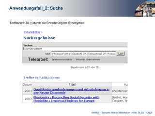 Anwendungsfall_2: Suche


Trefferzahl: 20 (!) durch die Erweiterung mit Synonymen




                                                          SWIB09 – Semantic Web in Bibliotheken – Köln, 24./25.11.2009
 