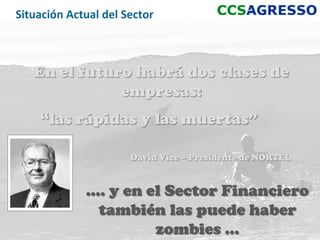 Situación Actual del Sector



   En el futuro habrá dos clases de
              empresas:
    “las rápidas y las muertas”

                      David Vice – Presidente de NORTEL


             …. y en el Sector Financiero
              también las puede haber
                      zombies …                           7
 