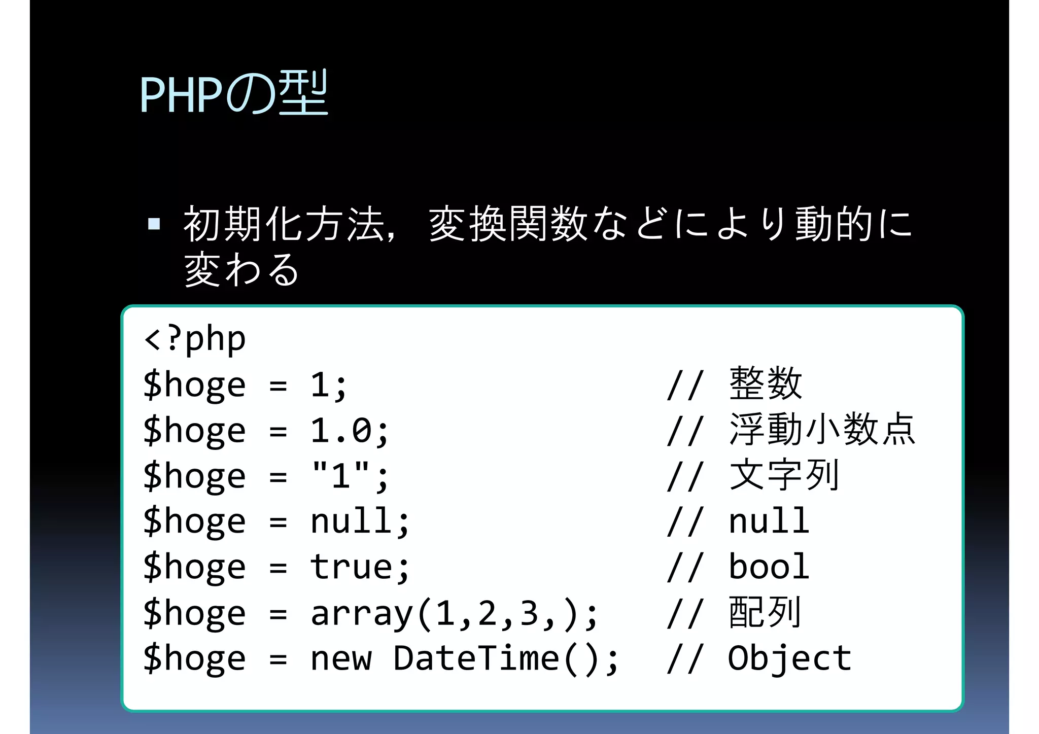 PHPの型 初期化方法，変換関数などにより動的に 変わる <?php $hoge = 1; // $hoge = 1.0; // 整数 $hoge = "1"; // 浮動小数点 $hoge = null; // null 文字列 $hoge = true; // bool $hoge = array(1,2,3,); // $hoge = new DateTime(); // Object 配列 