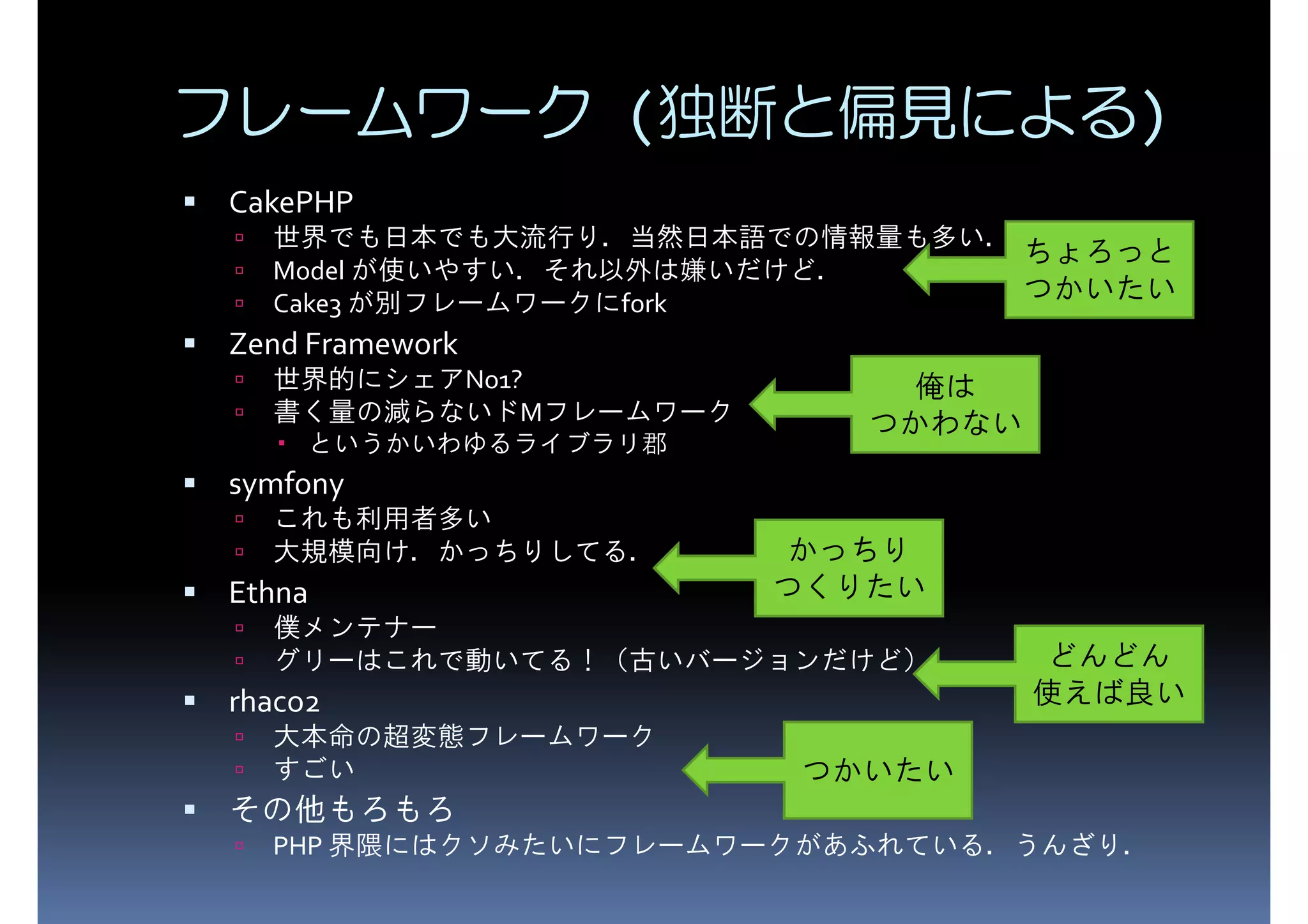 フレームワーク (独断と偏見による) CakePHP Model が使いやすい．それ以外は嫌いだけど． 世界でも日本でも大流行り．当然日本語での情報量も多い． ちょろっと Cake3 が別フレームワークにfork つかいたい Zend Framework 世界的にシェアNo1? 俺は 書く量の減らないドMフレームワーク つかわない symfony というかいわゆるライブラリ郡 これも利用者多い かっちり Ethna 大規模向け．かっちりしてる． つくりたい 僕メンテナー どんどん rhaco2 グリーはこれで動いてる！（古いバージョンだけど） 使えば良い 大本命の超変態フレームワーク すごい つかいたい その他もろもろ PHP 界隈にはクソみたいにフレームワークがあふれている．うんざり． 
