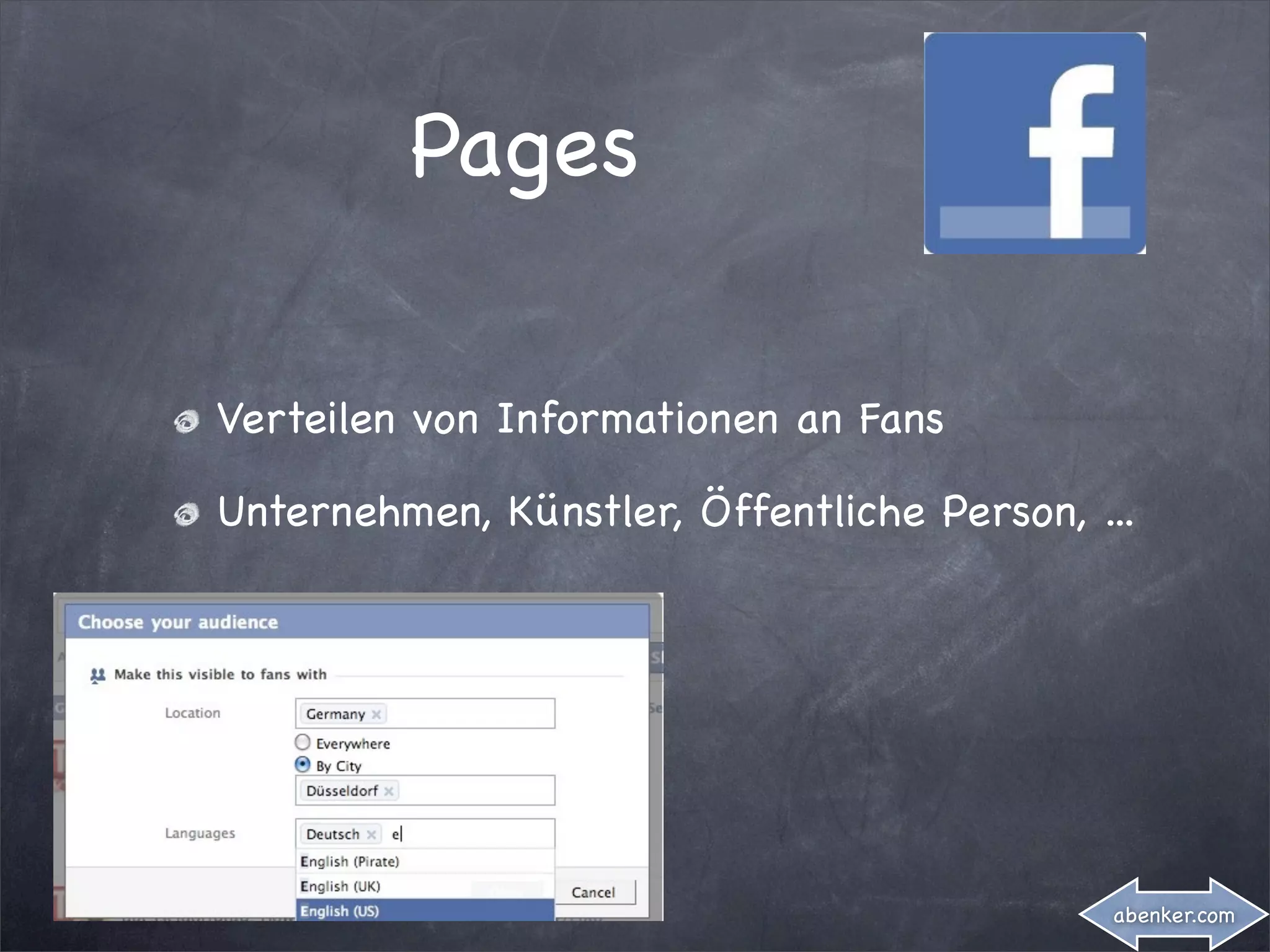 Pages

Verteilen von Informationen an Fans

Unternehmen, Künstler, Öffentliche Person, ...




                                            abenker.com
 