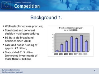 Background 1. Well-established case practice; Consistent and coherent decision making procedure; 50 State aid broadband decisions since 2003; Assessed public funding of approx. €2 billion;  State aid of €1.5 billion (generated investments of more than €3 billion). 