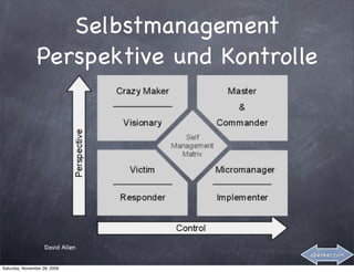 Selbstmanagement
                Perspektive und Kontrolle




                    David Allen
                                        abenker.com

Saturday, November 28, 2009
 