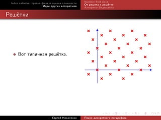 Index calculus: òðåòüÿ ôàçà è îöåíêà ñëîæíîñòè   Number eld sieve
                         Èäåè äðóãèõ àëãîðèòìîâ   Îò ðåøåòà ê ðåø¼òêå
                                                  Àëãîðèòì Âèäåìàííà

Ðåø¼òêè




     Âîò òèïè÷íàÿ ðåø¼òêà.




                             Ñåðãåé Íèêîëåíêî     Ïîèñê äèñêðåòíîãî ëîãàðèôìà
 