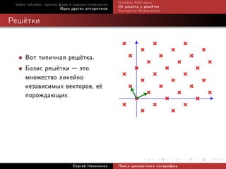 Index calculus: òðåòüÿ ôàçà è îöåíêà ñëîæíîñòè   Number eld sieve
                         Èäåè äðóãèõ àëãîðèòìîâ   Îò ðåøåòà ê ðåø¼òêå
                                                  Àëãîðèòì Âèäåìàííà

Ðåø¼òêè


     Âîò òèïè÷íàÿ ðåø¼òêà.
     Áàçèñ ðåø¼òêè  ýòî
     ìíîæåñòâî ëèíåéíî
     íåçàâèñèìûõ âåêòîðîâ, å¼
     ïîðîæäàþùèõ.




                             Ñåðãåé Íèêîëåíêî     Ïîèñê äèñêðåòíîãî ëîãàðèôìà
 
