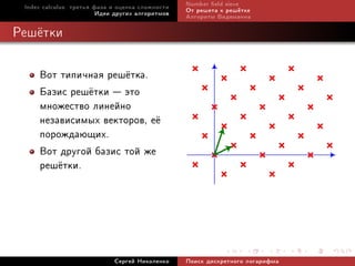 Index calculus: òðåòüÿ ôàçà è îöåíêà ñëîæíîñòè   Number eld sieve
                         Èäåè äðóãèõ àëãîðèòìîâ   Îò ðåøåòà ê ðåø¼òêå
                                                  Àëãîðèòì Âèäåìàííà

Ðåø¼òêè

     Âîò òèïè÷íàÿ ðåø¼òêà.
     Áàçèñ ðåø¼òêè  ýòî
     ìíîæåñòâî ëèíåéíî
     íåçàâèñèìûõ âåêòîðîâ, å¼
     ïîðîæäàþùèõ.
     Âîò äðóãîé áàçèñ òîé æå
     ðåø¼òêè.




                             Ñåðãåé Íèêîëåíêî     Ïîèñê äèñêðåòíîãî ëîãàðèôìà
 