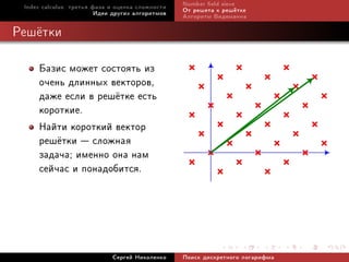 Index calculus: òðåòüÿ ôàçà è îöåíêà ñëîæíîñòè   Number eld sieve
                         Èäåè äðóãèõ àëãîðèòìîâ   Îò ðåøåòà ê ðåø¼òêå
                                                  Àëãîðèòì Âèäåìàííà

Ðåø¼òêè

     Áàçèñ ìîæåò ñîñòîÿòü èç
     î÷åíü äëèííûõ âåêòîðîâ,
     äàæå åñëè â ðåø¼òêå åñòü
     êîðîòêèå.
     Íàéòè êîðîòêèé âåêòîð
     ðåø¼òêè  ñëîæíàÿ
     çàäà÷à; èìåííî îíà íàì
     ñåé÷àñ è ïîíàäîáèòñÿ.




                             Ñåðãåé Íèêîëåíêî     Ïîèñê äèñêðåòíîãî ëîãàðèôìà
 