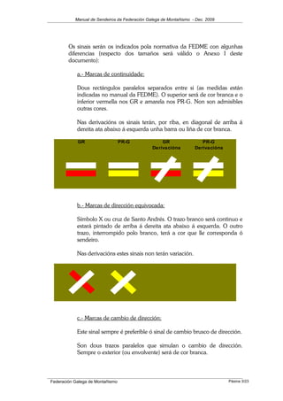 Manual de Sendeiros da Federación Galega de Montañismo - Dec. 2009
Os sinais serán os indicados pola normativa da FEDME con algunhas
diferencias (respecto dos tamaños será válido o Anexo I deste
documento):
a.- Marcas de continuidade:
Dous rectángulos paralelos separados entre si (as medidas están
indicadas no manual da FEDME). O superior será de cor branca e o
inferior vermella nos GR e amarela nos PR-G. Non son admisibles
outras cores.
Nas derivacións os sinais terán, por riba, en diagonal de arriba á
dereita ata abaixo á esquerda unha barra ou liña de cor branca.
GR PR-G GR PR-G
Derivacións Derivacións
b.- Marcas de dirección equivocada:
Símbolo X ou cruz de Santo Andrés. O trazo branco será continuo e
estará pintado de arriba á dereita ata abaixo á esquerda. O outro
trazo, interrompido polo branco, terá a cor que lle corresponda ó
sendeiro.
Nas derivacións estes sinais non terán variación.
c.- Marcas de cambio de dirección:
Este sinal sempre é preferible ó sinal de cambio brusco de dirección.
Son dous trazos paralelos que simulan o cambio de dirección.
Sempre o exterior (ou envolvente) será de cor branca.
Federación Galega de Montañismo Páxina 3/23
 