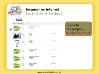 Jongeren en internet Social Networks: Facebook www.apestaartjaren.be Power to  the people =  Minder controle! 