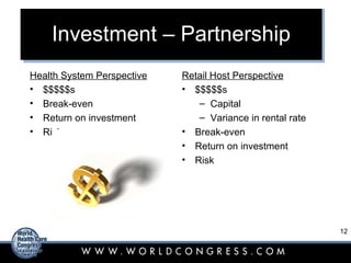 Investment – Partnership Health System Perspective $$$$$s Break-even Return on investment Risk Retail Host Perspective $$$$$s Capital Variance in rental rate Break-even Return on investment Risk 