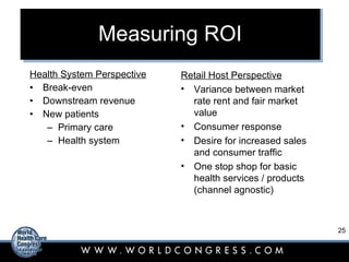 Measuring ROI Health System Perspective Break-even Downstream revenue New patients Primary care Health system Retail Host Perspective Variance between market rate rent and fair market value Consumer response Desire for increased sales and consumer traffic One stop shop for basic health services / products (channel agnostic) 