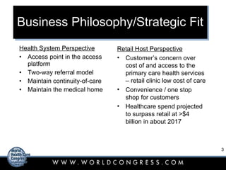 Business Philosophy/Strategic Fit Health System Perspective Access point in the access platform Two-way referral model Maintain continuity-of-care Maintain the medical home Retail Host Perspective Customer’s concern over cost of and access to the primary care health services – retail clinic low cost of care Convenience / one stop shop for customers Healthcare spend projected to surpass retail at >$4 billion in about 2017 
