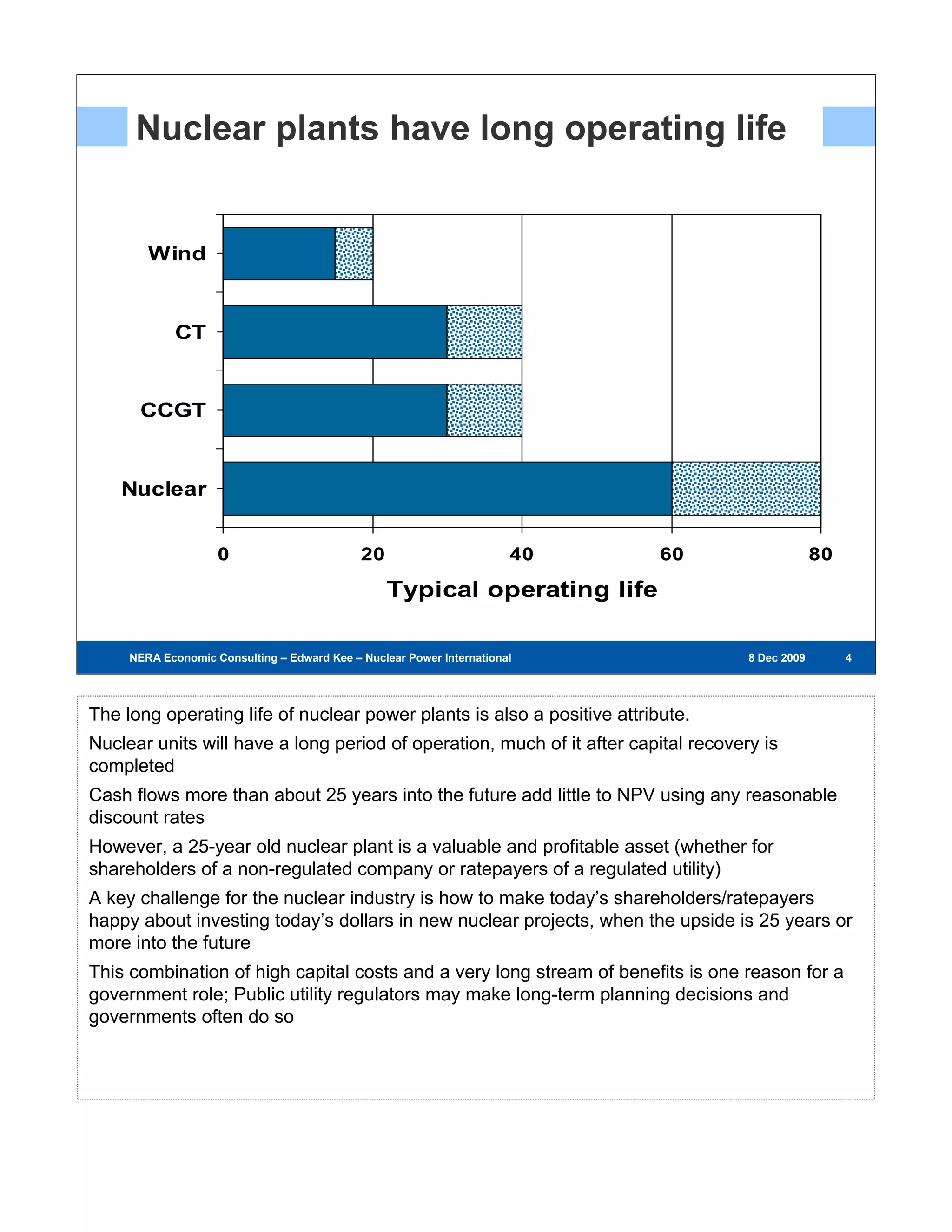 Nuclear plants have long operating life


        Wind


             CT


      CCGT


    Nuclear


                    0                         20                        40              60                80

                                                   Typical operating life

     NERA Economic Consulting – Edward Kee – Nuclear Power International – 8 Dec 2009        8 Dec 2009        444




The long operating life of nuclear power plants is also a positive attribute.
Nuclear units will have a long period of operation, much of it after capital recovery is
completed
Cash flows more than about 25 years into the future add little to NPV using any reasonable
discount rates
However, a 25-year old nuclear plant is a valuable and profitable asset (whether for
shareholders of a non-regulated company or ratepayers of a regulated utility)
A key challenge for the nuclear industry is how to make today’s shareholders/ratepayers
happy about investing today’s dollars in new nuclear projects, when the upside is 25 years or
more into the future
This combination of high capital costs and a very long stream of benefits is one reason for a
government role; Public utility regulators may make long-term planning decisions and
governments often do so
 