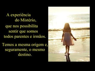 A experiência  do Mistério, que nos possibilita  sentir que somos  todos parentes e irmãos. Temos a mesma origem e, seguramente, o mesmo destino. 