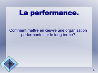 La performance.

   Comment mettre en œuvre une organisation
       performante sur le long terme?




Le 29 juillet 2009




                                              1
 