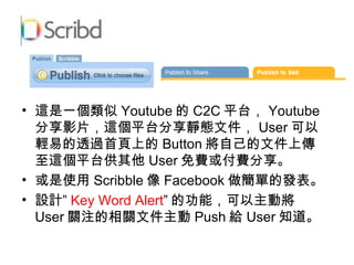 @һ Youtube  C2C ƽ̨ Youtube ӰƬ  @ƽ̨oBļ  User p׵͸^ϵ Button Լļς@ƽ̨ User MM ʹ Scribble  Facebook εİl OӋ Key Word Alert  Ĺܣӌ User PעPļ Push o User ֪ 