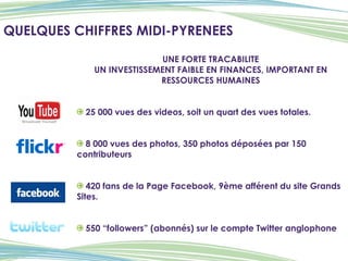 UNE FORTE TRACABILITE UN INVESTISSEMENT FAIBLE EN FINANCES, IMPORTANT EN RESSOURCES HUMAINES 25 000 vues des videos, soit un quart des vues totales. 8 000 vues des photos, 350 photos déposées par 150 contributeurs 420 fans de la Page Facebook, 9ème afférent du site Grands Sites. 550 “followers” (abonnés) sur le compte Twitter anglophone QUELQUES CHIFFRES MIDI-PYRENEES 