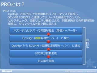 PROとは？
PRO とは、
   OpsMgr 2007/R2 で仮想環境のパフォーマンスを監視し、
   SCVMM 2008/R2 と連携してリソースを最適化するしくみ。
   セルフチェック、自動リカバリ機能により、問題解決までの所要時間を
   短縮し、ダウンタイムを最小限に抑える




                                自
                                動
                                化




                                    24
 