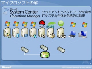 マイクロソフトの解

            クライアントとネットワークを含め
            ITシステム全体を包括的に監視




                           8
 