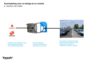 Kennisdeling over co-design & co-creatie
¤ TomTom HD Traffic




                                                                Thousands of end-users provide
   Vodafone gains additional value   Point-of-interaction:      their anonymous location on the
   from their network without        TomTom LIVE Services       road through ‘hopping’ on
   much additional data traffic      subscription to end-user   Vodafone’s network in real time
 