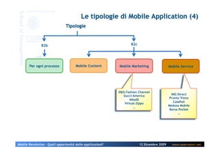 B2b                                                 B2c




       Per ogni processo              Mobile Content        Mobile Marketing                Mobile Service




                                                            D&G Fashion Channel
                                                              Gucci America                   ING Direct
                                                                                            Pronto Treno
                                                                  NikeID
                                                               Virtual Zippo                   CalePoli
                                                                                            Medusa Mobile
                                                                     …
                                                                                             Borsa Pocket
                                                                                                  …




Mobile Revolution – Quali opportunità dalle applicazioni?                12 Dicembre 2009     www.osservatori.net
 