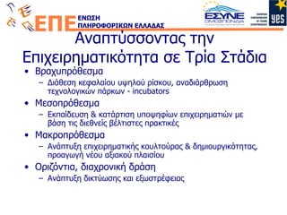 Αναπτύσσοντας την Επιχειρηματικότητα σε Τρία Στάδια Βραχυπρόθεσμα Διάθεση κεφαλαίου υψηλού ρίσκου, αναδιάρθρωση τεχνολογικών πάρκων -  incubators   Μεσοπρόθεσμα Εκπαίδευση & κατάρτιση υποψηφίων επιχειρηματιών με βάση τις διεθνείς βέλτιστες πρακτικές Μακροπρόθεσμα Ανάπτυξη επιχειρηματικής κουλτούρας & δημιουργικότητας, προαγωγή νέου αξιακού πλαισίου  Οριζόντια, διαχρονική δράση Ανάπτυξη δικτύωσης και εξωστρέφειας 
