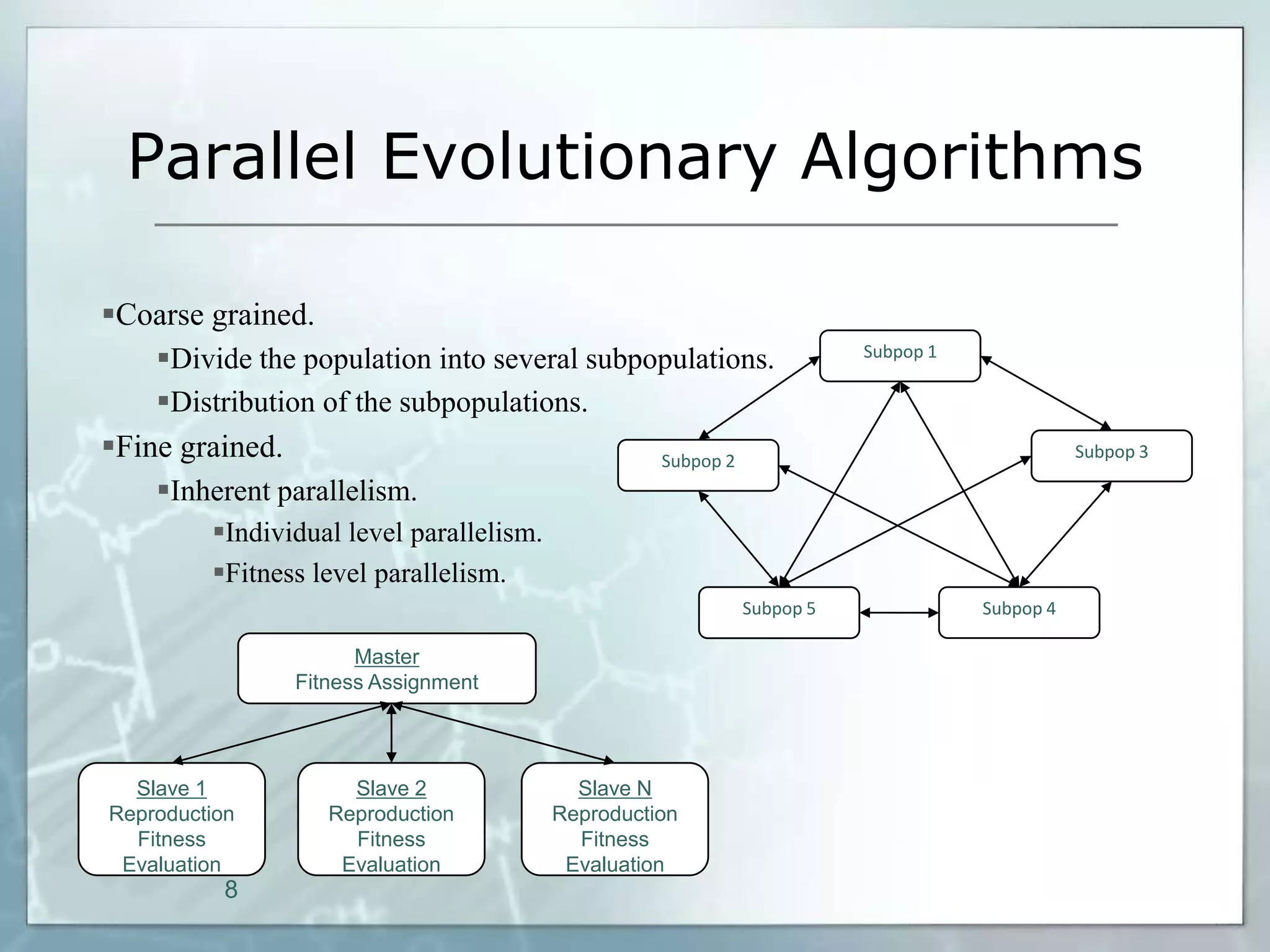 Parallel Evolutionary Algorithms

Coarse grained.
    Divide the population into several subpopulations.                   Subpop 1

    Distribution of the subpopulations.
Fine grained.                                      Subpop 2                                    Subpop 3

    Inherent parallelism.
         Individual level parallelism.
         Fitness level parallelism.
                                                               Subpop 5              Subpop 4

                       Master
                 Fitness Assignment




  Slave 1             Slave 2               Slave N
Reproduction        Reproduction          Reproduction
  Fitness             Fitness               Fitness
 Evaluation          Evaluation            Evaluation
           8
 