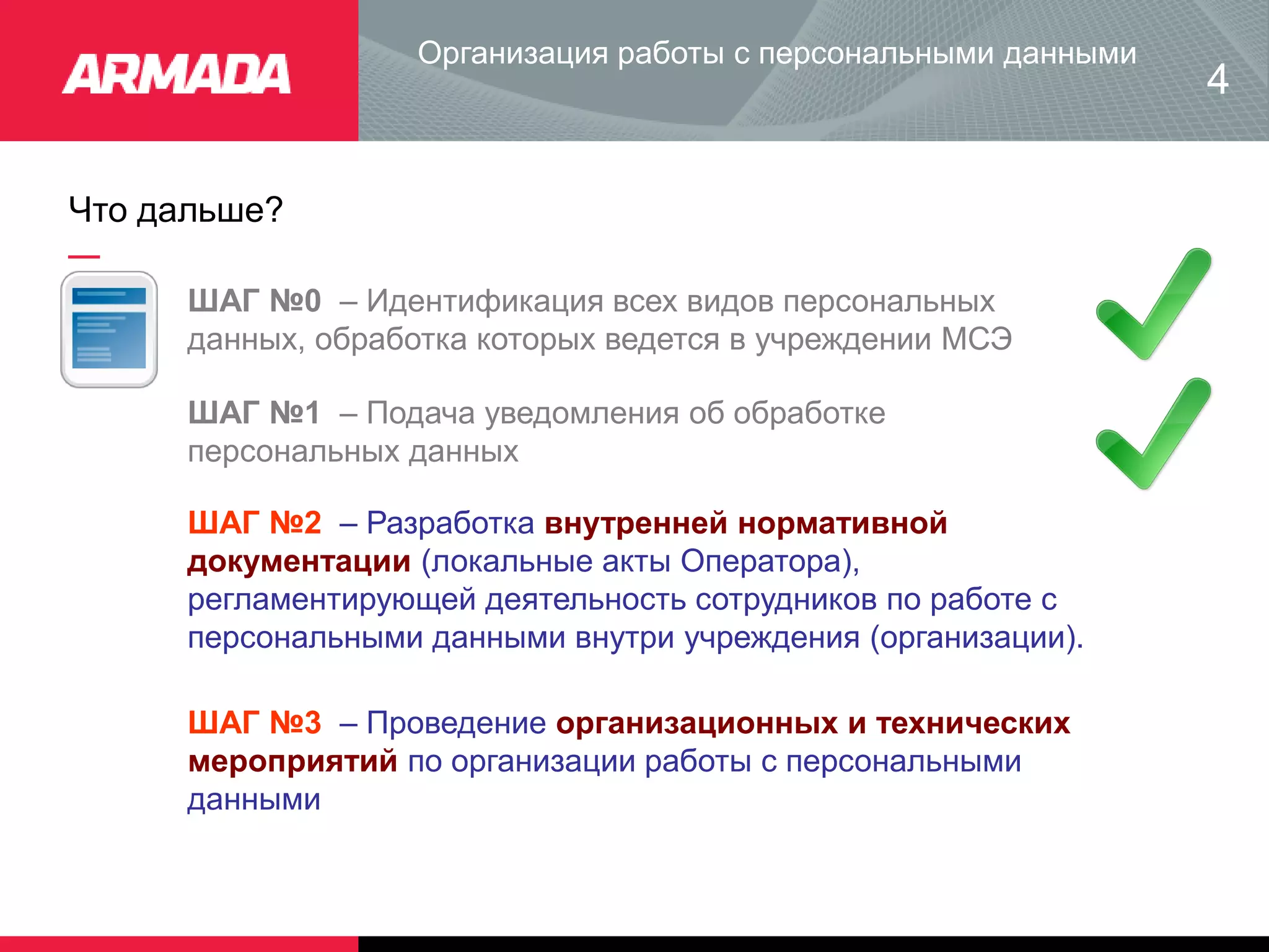 Что дальше?
Организация работы с персональными данными
ШАГ №1 – Подача уведомления об обработке
персональных данных
4
ШАГ №2 – Разработка внутренней нормативной
документации (локальные акты Оператора),
регламентирующей деятельность сотрудников по работе с
персональными данными внутри учреждения (организации).
ШАГ №0 – Идентификация всех видов персональных
данных, обработка которых ведется в учреждении МСЭ
ШАГ №3 – Проведение организационных и технических
мероприятий по организации работы с персональными
данными
 