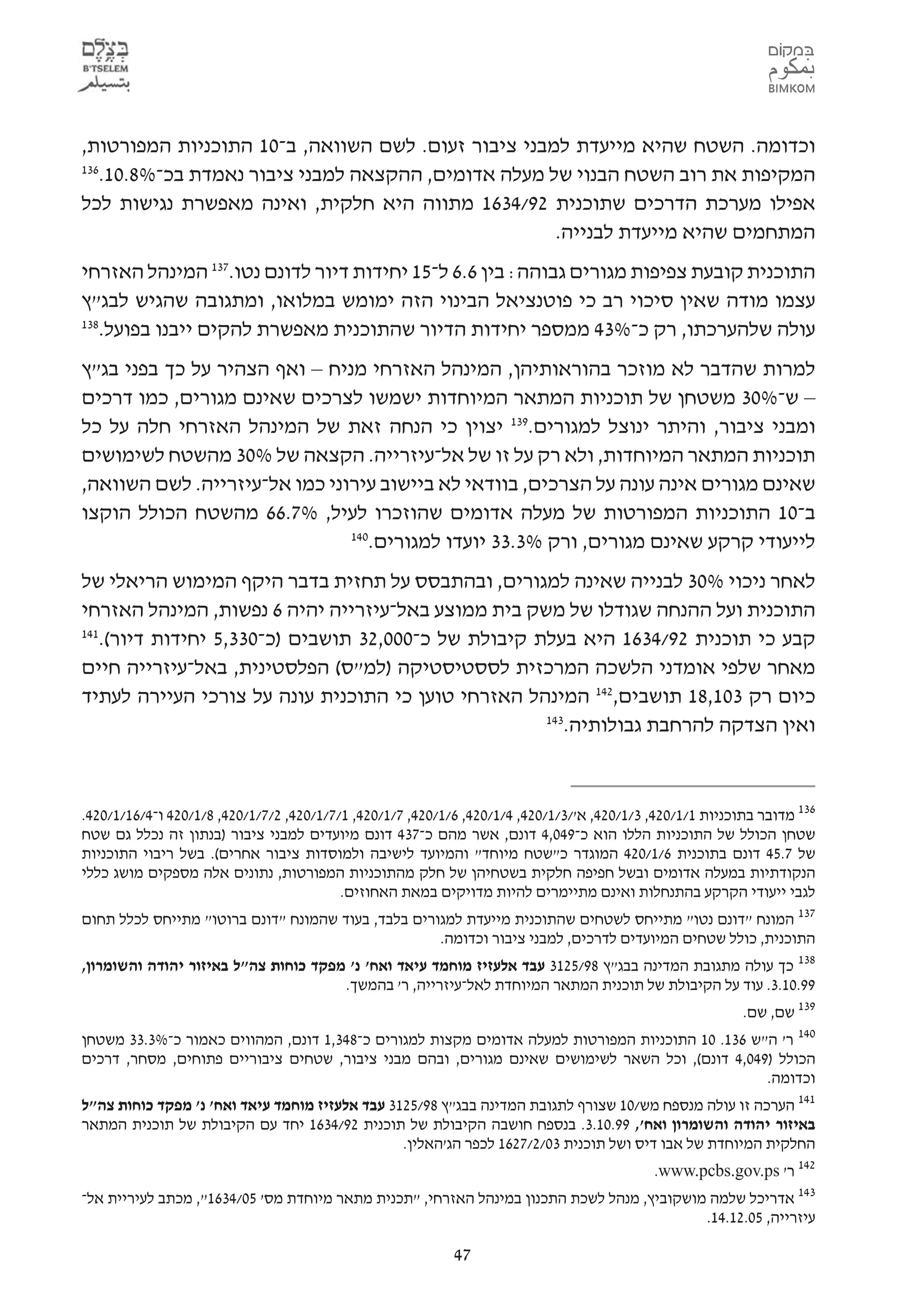 ‫וכדומה. השטח שהיא מייעדת למבני ציבור זעום. לשם השוואה, ב-01 התוכניות המפורטות,‬
‫631‬
   ‫המקיפות את רוב השטח הבנוי של מעלה אדומים, ההקצאה למבני ציבור נאמדת בכ-%8.01.‬
‫אפילו מערכת הדרכים שתוכנית 29/4361 מתווה היא חלקית, ואינה מאפשרת נגישות לכל‬
                                                    ‫המתחמים שהיא מייעדת לבנייה.‬
‫התוכנית קובעת צפיפות מגורים גבוהה: בין 6.6 ל-51 יחידות דיור לדונם נטו.731 המינהל האזרחי‬
‫עצמו מודה שאין סיכוי רב כי פוטנציאל הבינוי הזה ימומש במלואו, ומתגובה שהגיש לבג"ץ‬
‫831‬
   ‫עולה שלהערכתו, רק כ-%34 ממספר יחידות הדיור שהתוכנית מאפשרת להקים ייבנו בפועל.‬
‫למרות שהדבר לא מוזכר בהוראותיהן, המינהל האזרחי מניח – ואף הצהיר על כך בפני בג"ץ‬
‫– ש-%03 משטחן של תוכניות המתאר המיוחדות ישמשו לצרכים שאינם מגורים, כמו דרכים‬
‫ומבני ציבור, והיתר ינוצל למגורים.931 יצוין כי הנחה זאת של המינהל האזרחי חלה על כל‬
‫תוכניות המתאר המיוחדות, ולא רק על זו של אל-עיזרייה. הקצאה של %03 מהשטח לשימושים‬
‫שאינם מגורים אינה עונה על הצרכים, בוודאי לא ביישוב עירוני כמו אל-עיזרייה. לשם השוואה,‬
‫ב-01 התוכניות המפורטות של מעלה אדומים שהוזכרו לעיל, %7.66 מהשטח הכולל הוקצו‬
                               ‫041‬
                                  ‫לייעודי קרקע שאינם מגורים, ורק %3.33 יועדו למגורים.‬
‫לאחר ניכוי %03 לבנייה שאינה למגורים, ובהתבסס על תחזית בדבר היקף המימוש הריאלי של‬
‫התוכנית ועל ההנחה שגודלו של משק בית ממוצע באל-עיזרייה יהיה 6 נפשות, המינהל האזרחי‬
‫141‬
   ‫קבע כי תוכנית 29/4361 היא בעלת קיבולת של כ-000,23 תושבים )כ-033,5 יחידות דיור(.‬
‫מאחר שלפי אומדני הלשכה המרכזית לססטיסטיקה )למ"ס( הפלסטינית, באל-עיזרייה חיים‬
‫כיום רק 301,81 תושבים,241 המינהל האזרחי טוען כי התוכנית עונה על צורכי העיירה לעתיד‬
                                                     ‫341‬
                                                        ‫ואין הצדקה להרחבת גבולותיה.‬



‫631 מדובר בתוכניות 1/1/024, 3/1/024, א'/3/1/024, 4/1/024, 6/1/024, 7/1/024, 1/7/1/024, 2/7/1/024, 8/1/024 ו-4/61/1/024.‬
‫שטחן הכולל של התוכניות הללו הוא כ-940,4 דונם, אשר מהם כ-734 דונם מיועדים למבני ציבור )בנתון זה נכלל גם שטח‬
‫של 7.54 דונם בתוכנית 6/1/024 המוגדר כ"שטח מיוחד" והמיועד לישיבה ולמוסדות ציבור אחרים(. בשל ריבוי התוכניות‬
‫הנקודתיות במעלה אדומים ובשל חפיפה חלקית בשטחיהן של חלק מהתוכניות המפורטות, נתונים אלה מספקים מושג כללי‬
                                          ‫לגבי ייעודי הקרקע בהתנחלות ואינם מתיימרים להיות מדויקים במאת האחוזים.‬
‫731 המונח "דונם נטו" מתייחס לשטחים שהתוכנית מייעדת למגורים בלבד, בעוד שהמונח "דונם ברוטו" מתייחס לכלל תחום‬
                                                    ‫התוכנית, כולל שטחים המיועדים לדרכים, למבני ציבור וכדומה.‬
‫831 כך עולה מתגובת המדינה בבג"ץ 89/5213 עבד אלעזיז מוחמד עיאד ואח' נ' מפקד כוחות צה"ל באיזור יהודה והשומרון,‬
                                      ‫99.01.3. עוד על הקיבולת של תוכנית המתאר המיוחדת לאל-עיזרייה, ר' בהמשך.‬
                                                                                                           ‫931 שם, שם.‬
‫041 ר' ה"ש 631. 01 התוכניות המפורטות למעלה אדומים מקצות למגורים כ-843,1 דונם, המהווים כאמור כ-%3.33 משטחן‬
‫הכולל )940,4 דונם(, וכל השאר לשימושים שאינם מגורים, ובהם מבני ציבור, שטחים ציבוריים פתוחים, מסחר, דרכים‬
                                                                                                 ‫וכדומה.‬
‫141 הערכה זו עולה מנספח מש/01 שצורף לתגובת המדינה בבג"ץ 89/5213 עבד אלעזיז מוחמד עיאד ואח' נ' מפקד כוחות צה"ל‬
‫באיזור יהודה והשומרון ואח', 99.01.3. בנספח חושבה הקיבולת של תוכנית 29/4361 יחד עם הקיבולת של תוכנית המתאר‬
                                                ‫החלקית המיוחדת של אבו דיס ושל תוכנית 30/2/7261 לכפר הג'האלין.‬
                                                                                            ‫241 ר' ‪.www.pcbs.gov.ps‬‬
‫341 אדריכל שלמה מושקוביץ, מנהל לשכת התכנון במינהל האזרחי, "תכנית מתאר מיוחדת מס' 50/4361", מכתב לעיריית אל-‬
                                                                                           ‫עיזרייה, 50.21.41.‬

                                                            ‫74‬
 