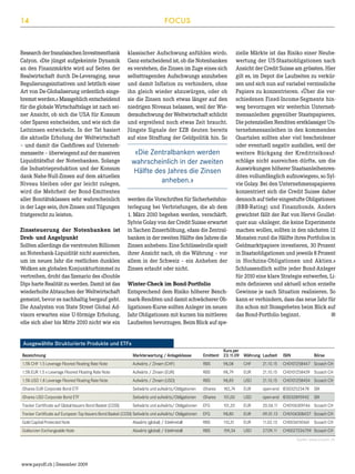 14

Research der französischen Investmentbank
Calyon. «Die jüngst aufgekeimte Dynamik
an den Finanzmärkte wird auf Seiten der
Realwirtschaft durch De-Leveraging, neue
Regulierungsinitiativen und letztlich einer
Art von De-Globaliserung ordentlich eingebremst werden.» Massgeblich entscheidend
für die globale Wirtschaftslage ist nach seiner Ansicht, ob sich die USA für Konsum
oder Sparen entscheiden, und wie sich die
Leitzinsen entwickeln. In der Tat basiert
die aktuelle Erholung der Weltwirtschaft
– und damit die Cashflows auf Unternehmensseite – überwiegend auf der massiven
Liquiditätsflut der Notenbanken. Solange
die Industrieproduktion und der Konsum
dank Nahe-Null-Zinsen auf dem aktuellen
Niveau bleiben oder gar leicht zulegen,
wird die Mehrheit der Bond-Emittenten
aller Bonitätsklassen sehr wahrscheinlich
in der Lage sein, ihre Zinsen und Tilgungen
fristgerecht zu leisten.
Zinssteuerung der Notenbanken ist
Dreh- und Angelpunkt
Sollten allerdings die verstreuten Billionen
an Notenbank-Liquidität nicht ausreichen,
um im neuen Jahr die restlichen dunklen
Wolken am globalen Konjunkturhimmel zu
vertreiben, droht das Szenario des «Double
Dip» harte Realität zu werden. Damit ist das
wiederholte Abtauchen der Weltwirtschaft
gemeint, bevor es nachhaltig bergauf geht.
Die Analysten von State Street Global Advisors erwarten eine U-förmige Erholung,
«die sich aber bis Mitte 2010 nicht wie ein

FOCUS

klassischer Aufschwung anfühlen wird».
Ganz entscheidend ist, ob die Notenbanken
es verstehen, die Zinsen im Zuge eines sich
selbsttragenden Aufschwungs anzuheben
und damit Inflation zu verhindern, ohne
ihn gleich wieder abzuwürgen, oder ob
sie die Zinsen noch etwas länger auf den
niedrigen Niveaus belassen, weil der Wiederaufschwung der Weltwirtschaft schlicht
und ergreifend noch etwas Zeit braucht.
Jüngste Signale der EZB deuten bereits
auf eine Straffung der Geldpolitik hin. So

«Die Zentralbanken werden
wahrscheinlich in der zweiten
Hälfte des Jahres die Zinsen
anheben.»
werden die Vorschriften für Sicherheitshinterlegung bei Verbriefungen, die ab dem
1. März 2010 begeben werden, verschärft.
Sylvie Golay von der Credit Suisse erwartet
in Sachen Zinserhöhung, «dass die Zentralbanken in der zweiten Hälfte des Jahres die
Zinsen anheben». Eine Schlüsselrolle spielt
ihrer Ansicht nach, ob die Währung – vor
allem in der Schweiz – ein Anheben der
Zinsen erlaubt oder nicht.
Winter-Check im Bond-Portfolio
Entsprechend dem Risiko höherer Benchmark-Renditen und damit schwächerer Obligationen-Kurse sollten Anleger im neuen
Jahr Obligationen mit kurzen bis mittleren
Laufzeiten bevorzugen. Beim Blick auf spe-

zielle Märkte ist das Risiko einer Neubewertung der US-Staatsobligationen nach
Ansicht der Credit Suisse am grössten. Hier
gilt es, im Depot die Laufzeiten zu verkürzen und sich nun auf variabel verzinsliche
Papiere zu konzentrieren. «Über die verschiedenen Fixed-Income-Segmente hinweg bevorzugen wir weiterhin Unternehmensanleihen gegenüber Staatspapieren.
Die potenziellen Renditen erstklassiger Unternehmensanleihen in den kommenden
Quartalen sollten aber viel bescheidener
oder eventuell negativ ausfallen, weil der
weitere Rückgang der Kreditrisikoaufschläge nicht ausreichen dürfte, um die
Auswirkungen höherer Staatsanleihenrenditen vollumfänglich aufzuwiegen», so Sylvie Golay. Bei den Unternehmenspapieren
konzentriert sich die Credit Suisse daher
dennoch auf tiefer eingestufte Obligationen
(BBB-Rating) und Finanzbonds. Anders
gewichtet fällt der Rat von Hervé Goulletquer aus: «Anleger, die keine Experimente
machen wollen, sollten in den nächsten 12
Monaten rund die Hälfte ihres Portfolios in
Geldmarktpapiere investieren, 30 Prozent
in Staatsobligationen und jeweils 8 Prozent
in Hochzins-Obligationen und Aktien.»
Schlussendlich sollte jeder Bond-Anleger
für 2010 eine klare Strategie entwerfen, Limits definieren und aktuell schon erzielte
Gewinne je nach Situation realisieren. So
kann er verhindern, dass das neue Jahr für
ihn schon mit Stossgebeten beim Blick auf
■
das Bond-Portfolio beginnt.	

Ausgewählte Strukturierte Produkte und ETFs
			
Kurs per
Bezeichnung	
Markterwartung / Anlageklasse	
Emittent	 23.11.09	 Währung	 Laufzeit	 ISIN	
1.5% CHF 1.5 Leverage Floored Floating Rate Note	

Aufwärts / Zinsen (CHF)	

RBS	

98,08	

CHF	

Börse

21.10.15	 CH0101258447	 Scoach CH

1.5% EUR 1.5 x Leverage Floored Floating Rate Note	

Aufwärts / Zinsen (EUR)	

RBS	

98,79	

EUR	

21.10.15	 CH0101258439	 Scoach CH

1.5% USD 1.8 Leverage Floored Floating Rate Note	

Aufwärts / Zinsen (USD)	

RBS	

98,85	

USD	

21.10.15	 CH0101258454	 Scoach CH

iShares EUR Corporate Bond ETF	

Seitwärts und aufwärts/Obligationen	

iShares	

182,74	

EUR	

open-end	 IE0032523478	 SIX

iShares USD Corporate Bond ETF	

Seitwärts und aufwärts/Obligationen	

iShares	

101,00	

USD	

open-end	 IE0032895942	 SIX

Tracker Certificate auf Global Issuers Bond Basket (COSI)	

Seitwärts und aufwärts/ Obligationen	

EFG	

101,20	

EUR	

20.04.11	 CH0106309146	 Scoach CH

Tracker Certificate auf European Top Issuers Bond Basket (COSI)	Seitwärts und aufwärts/ Obligationen	

EFG	

98,80	

EUR	

09.01.13	 CH0106308437	 Scoach CH

Gold Capital Protected Note	

Abwärts (global) / Edelmetall	

RBS	

110,31	

EUR	

11.02.13	 CH0036150461	 Scoach CH

Goldunzen Exchangeable Note	

Abwärts (global) / Edelmetall	

RBS	

159,34	

USD	

27.09.11	 CH0027226759	 Scoach CH
Quelle: www.scoach.ch

www.payoff.ch | Dezember 2009

 