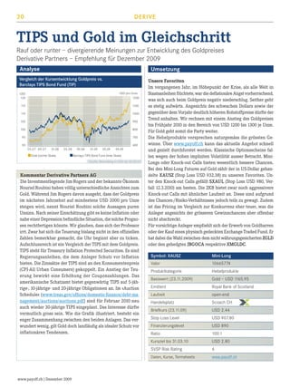 30

DERIVE

TIPS und Gold im Gleichschritt
Rauf oder runter – divergierende Meinungen zur Entwicklung des Goldpreises
Derivative Partners – Empfehlung für Dezember 2009
Analyse

Umsetzung

Vergleich der Kursentwicklung Goldpreis vs.
Barclays TIPS Bond Fund (TIP)
USD
120

USD pro Unze
1200

115

1100

110

1000

105

900

100

800

95

700

90

600
05.07 09.07

01.08

05.08

Gold (rechte Skala)

09.08

01.09

05.09

09.09

Barclays TIPS Bond Fund (linke Skala)

Quelle: Bloomberg in USD ab 30.05.07

Kommentar Derivative Partners AG
Die Investmentlegende Jim Rogers und der bekannte Ökonom
Nouriel Roubini haben völlig unterschiedliche Ansichten zum
Gold. Während Jim Rogers davon ausgeht, dass der Goldpreis
im nächsten Jahrzehnt auf mindestens USD 2000 pro Unze
steigen wird, nennt Nouriel Roubini solche Aussagen puren
Unsinn. Nach seiner Einschätzung gibt es keine Inflation oder
nahe einer Depression befindliche Situation, die solche Prognosen rechtfertigen könnte. Wir glauben, dass sich der Professor
irrt. Zwar hat sich die Teuerung bislang nicht in den offiziellen
Zahlen bemerkbar gemacht, die Uhr beginnt aber zu ticken.
Aufschlussreich ist ein Vergleich der TIPS mit dem Goldpreis.
TIPS steht für Treasury Inflation Protected Securities. Es sind
Regierungsanleihen, die dem Anleger Schutz vor Inflation
bieten. Die Zinssätze der TIPS sind an den Konsumentenpreis
(CPI-All Urban Consumers) gekoppelt. Ein Anstieg der Teuerung bewirkt eine Erhöhung der Couponzahlungen. Das
amerikanische Schatzamt bietet gegenwärtig TIPS auf 5-jährige-, 10-jährige- und 20-jährige Obligationen an. Im «Auction
Schedule» (www.treas.gov/offices/domestic-finance/debt-management/auctions/auctions.pdf) sind für Februar 2010 neu
auch wieder 30-jährige TIPS eingeplant. Das Interesse dürfte
vermutlich gross sein. Wie die Grafik illustriert, besteht ein
enger Zusammenhang zwischen den beiden Anlagen. Das verwundert wenig, gilt Gold doch landläufig als idealer Schutz vor
inflationären Tendenzen.

Unsere Favoriten
Im vergangenen Jahr, im Höhepunkt der Krise, als alle Welt in
Staatsanleihen flüchtete, war die deflationäre Angst vorherrschend,
was sich auch beim Goldpreis negativ niederschlug. Seither geht
es stetig aufwärts. Angesichts des schwachen Dollars sowie der
gegenüber dem Vorjahr deutlich höheren Rohstoffpreise dürfte der
Trend anhalten. Wir rechnen mit einem Anstieg des Goldpreises
bis Frühjahr 2010 in den Bereich von USD 1200 bis 1300 je Unze.
Für Gold geht somit die Party weiter.
Die Hebelprodukte versprechen naturgemäss die grössten Gewinne. Über www.payoff.ch kann das aktuelle Angebot schnell
und gezielt durchforstet werden. Klassische Optionsscheine fallen wegen der hohen impliziten Volatilität ausser Betracht. MiniLongs oder Knock-out Calls bieten wesentlich bessere Chancen.
Bei den Mini-Long Futures auf Gold zählt der in US-Dollar gehandelte XAUSZ (Stop Loss USD 932.38) zu unseren Favoriten. Unter den Knock-out Calls gefällt SXAUL (Stop Loss USD 980, Verfall 12.3.2010) am besten. Die ZKB bietet zwar noch aggressivere
Knock-out Calls mit ähnlicher Laufzeit an. Diese sind aufgrund
des Chancen-/Risiko-Verhältnisses jedoch teils zu gewagt. Zudem
ist das Pricing im Vergleich zur Konkurrenz eher teuer, was die
Anleger angesichts der grösseren Gewinnchancen aber offenbar
nicht abschreckt.
Für vorsichtige Anleger empfiehlt sich der Erwerb von Goldbarren
oder der Kauf eines physisch gedeckten Exchange Traded Fund. Er
hat dabei die Wahl zwischen dem nicht währungsgesicherten ZGLD
oder den gehedgten JBGOCA respektive XMGLDC.
Mini-Long

Valor	

10665774

Produktkategorie	

Hebelprodukte

Basiswert (23.11.2009)	

Gold – USD 1165.95

Emittent	

Royal Bank of Scotland

Laufzeit	

open-end

Handelsplatz	

Scoach CH

Briefkurs (23.11.09)	

USD 2.44

Stop Loss Level	

USD 907.80

Finanzierungslevel	

USD 890

Ratio	

100:1

Kursziel bis 31.03.10	

USD 2.80

SVSP Risk Rating	

6

Daten, Kurse, Termsheets	

www.payoff.ch | Dezember 2009

Symbol: XAUSZ	

www.payoff.ch

 