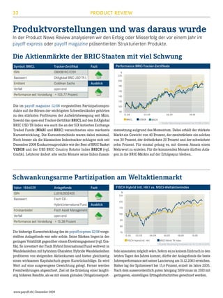 33

PRODUCT REVIEW

Produktvorstellungen und was daraus wurde
In der Product News Review analysieren wir den Erfolg oder Misserfolg der vor einem Jahr im
payoff express oder payoff magazine präsentierten Strukturierten Produkte.

Die Aktienmärkte der BRIC-Staaten mit viel Schwung
Symbol: BRICL	

Tracker-Zertifikat	

ISIN	

GB00B19G1D59

Basiswert	

DAXglobal BRIC USD TR I.

Emittent	

Goldman Sachs	

Verfall	

Fazit

open-end

Performance BRIC-Tracker-Zertifikate
%
220

Ausblick

200
180
160

Performance seit Vorstellung	 + 103.77 Prozent

140
120

Die im payoff magazine 12/08 vorgestellten Partizipationsprodukte auf die Börsen der wichtigsten Schwellenländer gehörten
zu den stärksten Profiteuren der Aufwärtsbewegung seit März.
Sowohl das open-end Tracker-Zertifikat BRICL auf den DAXglobal
BRIC USD TR Index wie auch die an der SIX kotierten Exchange
Traded Funds (MABI und BRIC) verzeichneten eine markante
Kursentwicklung. Die Kursunterschiede waren dabei minimal.
Noch besser als die klassischen Indextracker schlugen sich seit
Dezember 2008 Konkurrenzprodukte wie der Best of BRIC Basket
VZBOB und der UBS BRIC Country Rotator Index BRICR (vgl.
Grafik). Letzterer ändert alle sechs Monate seine Index-Zusam-

100
80
12.08
BRICL

06.09

03.09
VZBOB

09.09

BRICR

Quelle: Bloomberg (indexiert 04.12.08 in CHF)

mensetzung aufgrund des Momentum. Dabei erhält der stärkste
Markt ein Gewicht von 40 Prozent, der zweitstärkste ein solches
von 30 Prozent, der drittstärkste 20 Prozent und der schwächste
zehn Prozent. Für einmal gelang es, mit diesem Ansatz einen
Mehrwert zu erzielen. Für die kommenden Monate dürften Anlagen in die BRIC-Märkte auf der Erfolgsspur bleiben.

Schwankungsarme Partizipation am Weltaktienmarkt
Valor: 1556039	

Anlagefonds	

Fazit

ISIN	

LU0162832405

Basiswert	

Fisch CB -

	

Hybrid International Fund	 Ausblick

Fondsanbieter	

Fisch Asset Management	

Verfall	

open-end

Performance seit Vorstellung	 + 15.38 Prozent

FISCH Hybrid Intl. HA1 vs. MSCI-Weltaktienindex
%
130
120
110
100
90
80

Die bisherige Kursentwicklung des im payoff express 12/08 vorgestellten Anlagefonds war sehr solide. Seine Stärken liegen in der
geringen Volatilität gegenüber einem Direktengagement (vgl. Grafik). So investiert der Fisch Hybrid International Fund weltweit in
Wandelanleihen mit hybridem Charakter. Hybride Wandelanleihen
profitieren von steigenden Aktienkursen und bieten gleichzeitig
einen wirksamen Kapitalschutz gegen Kursrückschläge. Es wird
Wert auf eine ausgewogene Gewichtung gelegt. Ferner werden
Fremdwährungen abgesichert. Ziel ist die Erzielung einer langfristig höheren Rendite, als es mit einem globalen Obligationenport-

www.payoff.ch | Dezember 2009

70
12.08

02.09

04.09

FISCH Hybrid Intl. HA1

06.09

08.09

10.09

MSCI-World TR Index
Quelle: Bloomberg (indexiert ab 18.12.08 in CHF)

folio ansonsten möglich wäre. Sofern es zu keinem Einbruch in den
letzten Tagen des Jahres kommt, dürfte der Anlagefonds die beste
Jahresperformance seit seiner Lancierung am 31.12.2003 erreichen.
Bisher lag der Spitzenwert bei 15,6 Prozent, erzielt im Jahre 2005.
Nach dem ausserordentlich guten Jahrgang 2009 muss im 2010 mit
geringeren, einstelligen Ertragsfortschritten gerechnet werden.

 