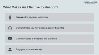 What Makes An Effective Evaluation?
Inspires the speaker to improve
Demonstrates you have been actively listening
Communicates a lesson to the audience
Engages your leadership
 