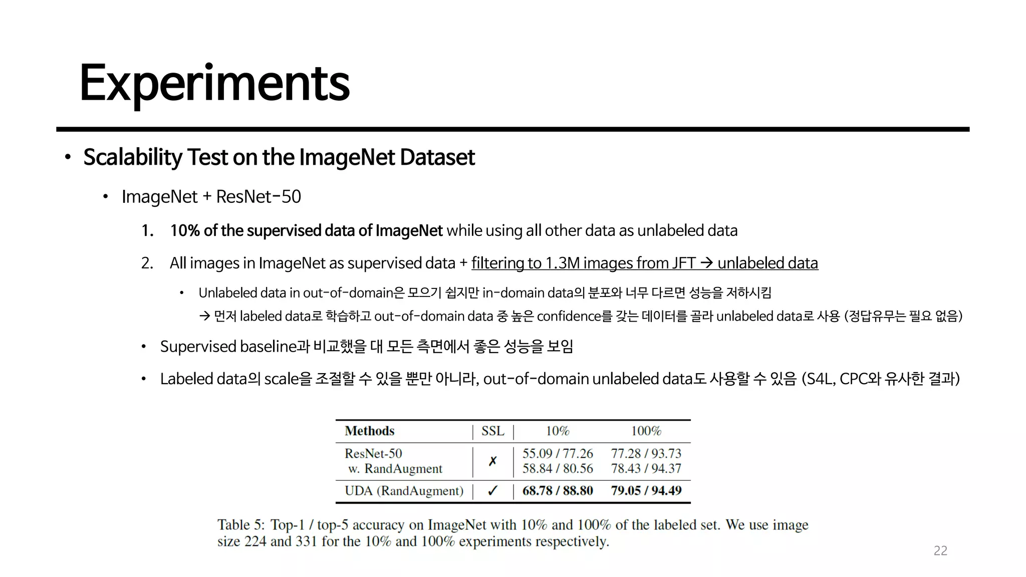 Experiments
• Scalability Test on the ImageNet Dataset
• ImageNet + ResNet-50
1. 10% of the supervised data of ImageNet while using all other data as unlabeled data
2. All images in ImageNet as supervised data + filtering to 1.3M images from JFT → unlabeled data
• Unlabeled data in out-of-domain은 모으기 쉽지만 in-domain data의 분포와 너무 다르면 성능을 저하시킴
→ 먼저 labeled data로 학습하고 out-of-domain data 중 높은 confidence를 갖는 데이터를 골라 unlabeled data로 사용 (정답유무는 필요 없음)
• Supervised baseline과 비교했을 대 모든 측면에서 좋은 성능을 보임
• Labeled data의 scale을 조절할 수 있을 뿐만 아니라, out-of-domain unlabeled data도 사용할 수 있음 (S4L, CPC와 유사한 결과)
22
 