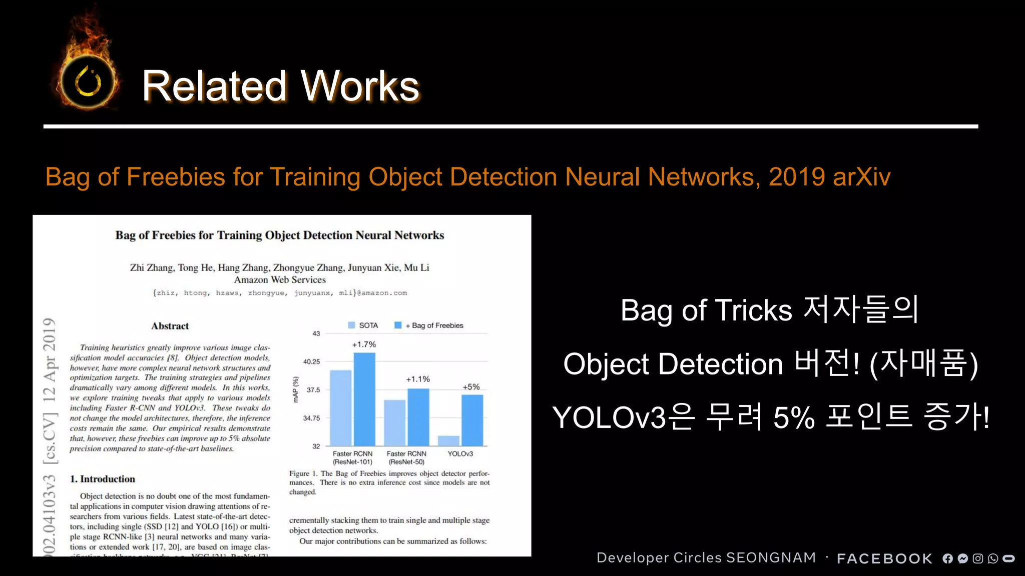 Related Works
Bag of Tricks 저자들의
Object Detection 버전! (자매품)
YOLOv3은 무려 5% 포인트 증가!
Bag of Freebies for Training Object Detection Neural Networks, 2019 arXiv
 