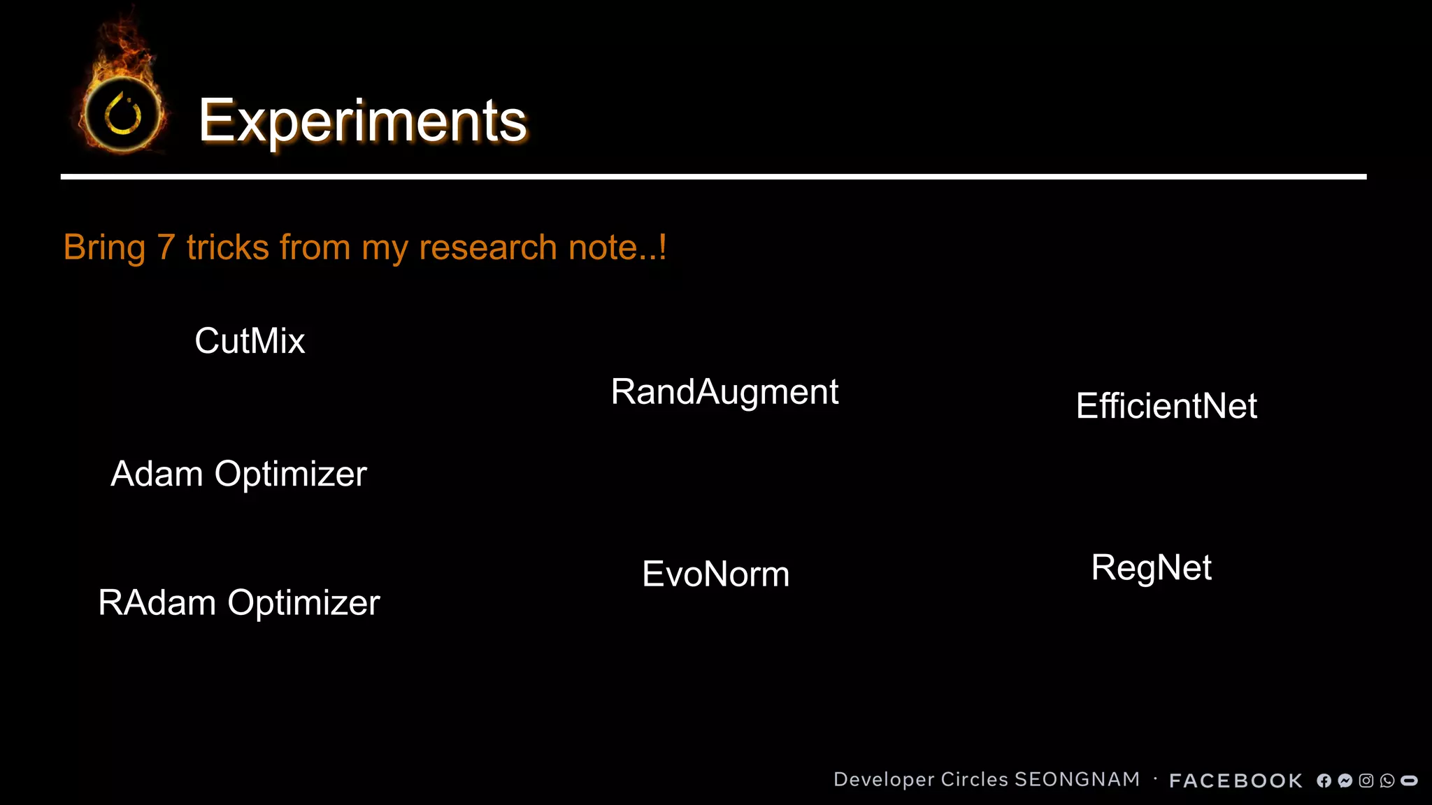 Experiments
Bring 7 tricks from my research note..!
CutMix
Adam Optimizer
RAdam Optimizer
RandAugment
EvoNorm
EfficientNet
RegNet
 