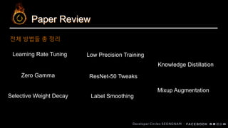 Paper Review
전체 방법들 총 정리
Learning Rate Tuning
Zero Gamma
Selective Weight Decay
Low Precision Training
ResNet-50 Tweaks
Label Smoothing
Knowledge Distillation
Mixup Augmentation
 
