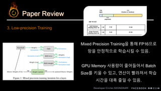 Paper Review
Mixed Precision Training을 통해 FP16으로
망을 안정적으로 학습시킬 수 있음.
GPU Memory 사용량이 줄어들어서 Batch
Size를 키울 수 있고, 연산이 빨라져서 학습
시간을 대폭 줄일 수 있음.
3. Low-precision Training
 