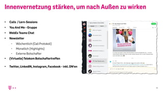 Innenvernetzung stärken, um nach Außen zu wirken
• Calls / Lern-Sessions
• You And Me - Gruppe
• WebEx Teams Chat
• Newsletter
• Wöchentlich (Call Protokoll)
• Monatlich (Highlights)
• Externe Botschafter
• (Virtuelle) Telekom Botschaftertreffen
• Twitter, LinkedIN, Instagram, Facebook - inkl. DN‘en
14
 