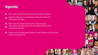 Agenda
01 Intro: Warum Corporate Influencer als Netzwerk aufbauen?
02
Überblick: Was gibt es an Corporate Influencer Initiativen?
// Diskussion & Fragen
03 Was macht das Telekom Botschafter Programm aus?
04
Wie erzählen die Botschafter ihre #Werkstolz-Geschichten?
// Diskussion & Fragen
05 Welche sechs Empfehlungen geben wir beim Aufbau eines Corporate
Influencer Programms?
 