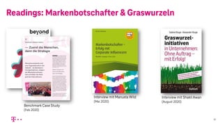 Readings: Markenbotschafter & Graswurzeln
Interview mit Manuela Wild
(Mai 2020)
Interview mit Shakil Awan
(August 2020)
Benchmark Case Study
(Feb 2020)
32
 