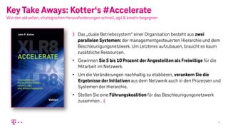》
《
KeyTake Aways: Kotter‘s #Accelerate
Wie den aktuellen, strategischen Herausforderungen schnell, agil & kreativ begegnen
5
Das „duale Betriebssystem“ einer Organisation besteht aus zwei
parallelen Systemen: der managementgesteuerten Hierarchie und dem
Beschleunigungsnetzwerk. Um Letzteres aufzubauen, braucht es kaum
zusätzliche Ressourcen.
• Gewinnen Sie 5 bis 10 Prozent derAngestellten als Freiwillige für die
Mitarbeit im Netzwerk.
• Um die Veränderungen nachhaltig zu etablieren, verankern Sie die
Ergebnisse der Initiativen aus dem Netzwerk auch in den Prozessen und
Systemen der Hierarchie.
• Stellen Sie eine Führungskoalition für das Beschleunigungsnetzwerk
zusammen .
 